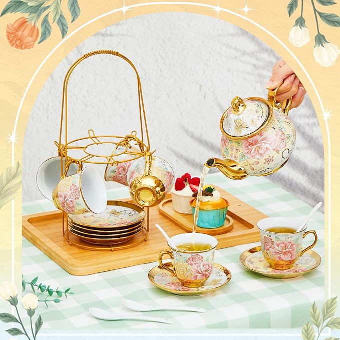 Zhehao 20 Pcs Porcelain Tea Set with Metal Holder and Spoon Adult Ceramic Tea Set European Flower Painting Teapot Cup Saucer Spoon for Women Mom Gift, Large Version (Gorgeous Style)