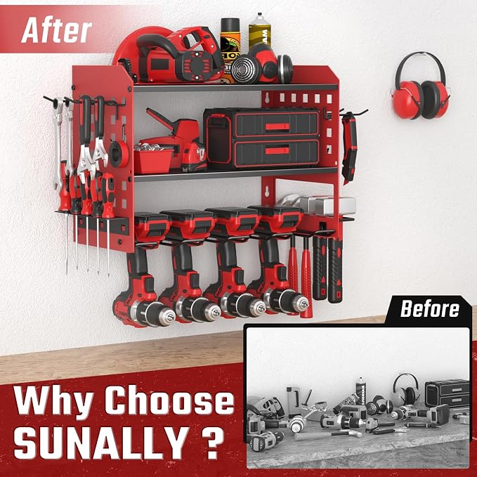 SUNALLY Power Tool Organizer, Heavy Duty Wall Mount Tool Organizer 3 Layers with 4 Drill Holders, Garage Tools Storage Rack with 2 Side Pegboards and Hooks for Workshop, Shed, Red