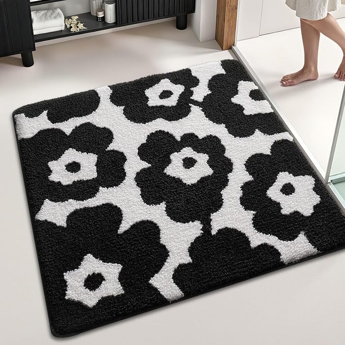 LUMI Floral Bathroom Rugs, Soft Absorbent Square Bath Mat, Non-Slip Quick Dry Luxury Rug, Flower Black White Mats for Shower Floor, Bathtub, Home Decor, Modern Aesthetic, 26"x26"