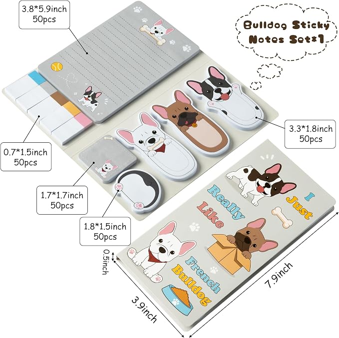 Xqumoi I Just Really Like French Bulldog Sticky Notes Set, 550 Sheets, Cartoon Bulldog Self-Stick Notes Pads Animal Divider Tabs Bundle Writing Memo Pads Page Marker Back to School Office Supplies