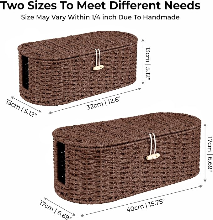 Set of 2 Cable Management Box, Handwoven Paper Rope Cord Hider Organizer Boxes with 3 Side Open Slots, Cable Organizer Box to Hide Cords Power Strip, USB Hub, TV Wires for Home, Office,Brown