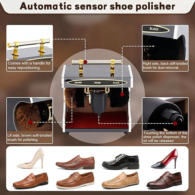 Lounsweer Automatic Electric Shoe Polisher Double Combination Brush Plug-in Shoe Buffer with Polish Box Dust Removal and Polishing Clean Kit for Home Hotel Bank Shopping Mall Entrance
