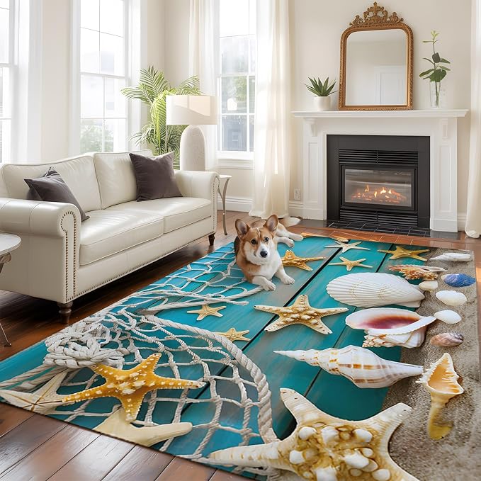 8 x 10 Ft Large Area Rug for Living Room, Beach Starfish Indoor Accent Rugs for Bedroom, Ocean Conch Fishing Net Blue Wood Grain Decorative Modern Carpet Washable Low Pile Non Slip Rug for Dining Room