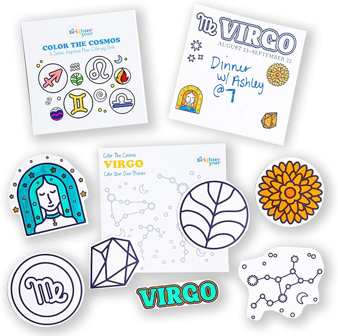 A Brighter Year Color The Cosmos Virgo Gift Bundle - Adult Mini Coloring Book (3" x 3" - 50 Pages), Post It Notes (50-3” x 3”), Stickers - Stress & Anxiety Relief - Mindfulness, Gift, Travel