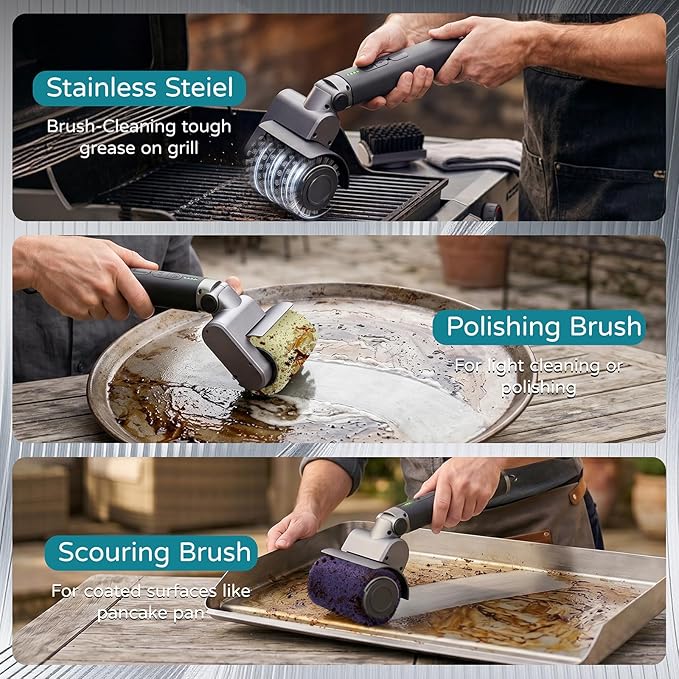 Electric Grill Brush for Outdoor - 3-Speed & Angle Adjust Cordless Rotary Grill Brush - 2026 NEW BBQ Grill Cleaner with 3 Heads - 180Mins Runtime Grill Cleaning Brush for Barbecue Grates