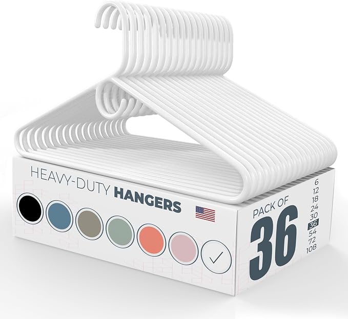 Heavy Duty Clothes Hangers 36 Pack – Made in The USA – 8lb Capacity Plastic Hangers for Adult Clothing – Durable for Pants, Coats, Jackets, or Jeans – White