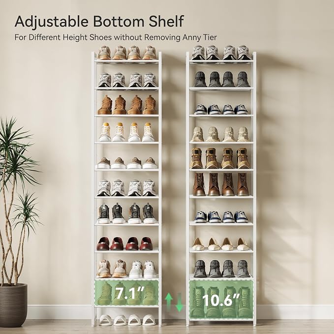 Nunsino Narrow Shoe Rack, 10-Tier Metal Shoe Organizer,Tall Shoe Shelf with Anti-Tip Strap, Max Holds 22 Pairs,Space Saving for Closet,Entryway,White