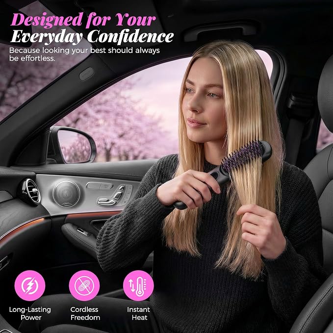 Go Brush Pro 2026, Cordless Hair Straightener Brush, Mini Hair Straightener with 4 Temperature Settings, Portable Hair Straightener Brush with MCH Heating and Ionic & Ceramic Care for Women (Black)