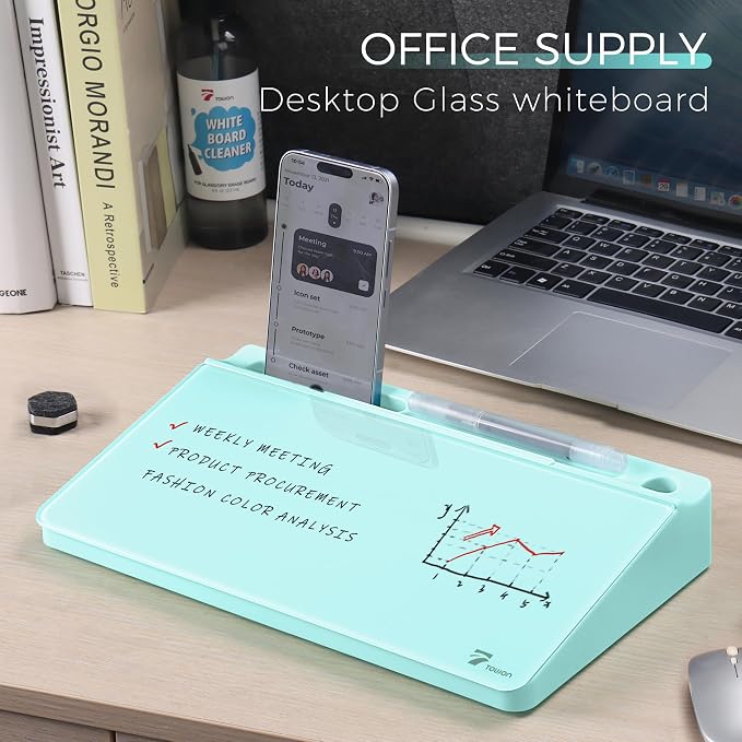 TOWON Small Compact Glass Desktop Whiteboard with Storage – 12 x 7 in Dry Erase Board for Desk, Home Office, School | Includes 5 Markers, Eraser & Holder | Space-Saving Organizer, Aesthetic Teal Blue