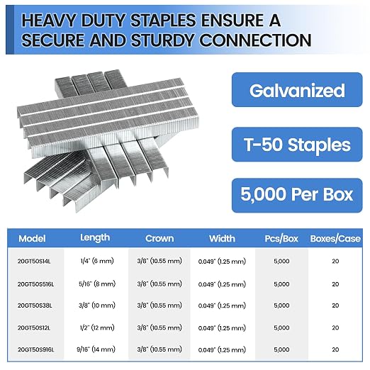 meite T50 Staples, 5/16 Inch Heavy Duty Staples for Staple Gun, Galvanized 20 Gauge 3/8 Inch Crown Staple for Upholstery, Construction, Furniture (5 Boxes)