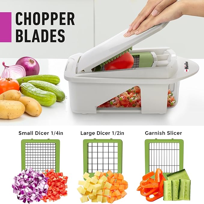 MUELLER HOME Pro-Series All-in-One, 12 Blade Mandoline Slicer for Kitchen, Food Chopper, Cucumber Slicer and Spiralizer, Cutter, Dicer, Grater, Gifts for Mom, Kitchen Essentials, White Sand/Green