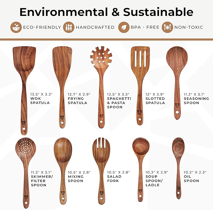 Wooden Spoons for Cooking – 10 Pcs Teak Wood Utensil Set, Durable, Nonstick Safe & Heat Resistant with Ergonomic Handles