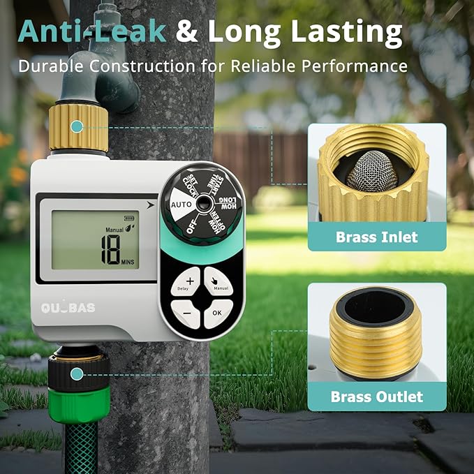 QUOBAS Brass Sprinkler Timer 2 Pack, Programmable Water Hose Timer for Garden Hose Faucet with Waterproof HD Screen, Rain Delay/Manual/Automatic Irrigation Watering System for Garden, Lawn, Yard