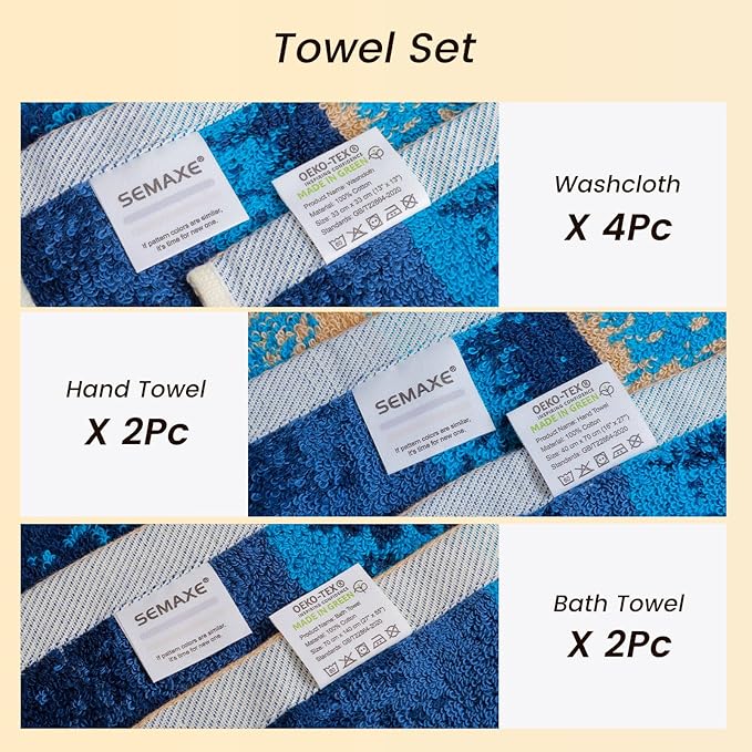SEMAXE Bath Towel Set, 18 Piece Towel Set for Bathroom, Large Value Pack, Quick Dry Cotton Towels with Hanging Loops, Easy Care, Coastal Ombre
