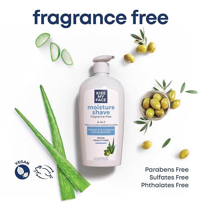 Kiss My Face Moisture Shave Cream, Fragrance Free Shaving Cream for Men and Women, 11 oz Pump Bottle, Pack of 4 (Packaging May Vary)