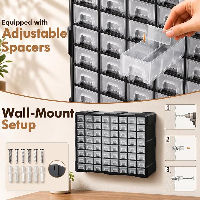 64-Drawer Organizer for Garage Building Bricks Storage,𝐓𝐡𝐢𝐜𝐤𝐞𝐫 Drawer Storage Cabinet with Dividers and Labels for Hardware,Screws,Nuts Bolts, Garage Tools,Charms,Beads,Craft,Scrapbook