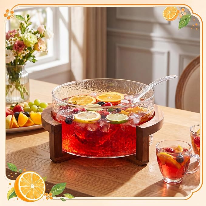 1.2 Gallon Glass Punch Bowl Set with Ladle, Hammered Glass | Acacia Wood Base, Textured Glass Finish, Elegant Centerpiece, Ideal for Holiday, Wedding, Parties & Gatherings