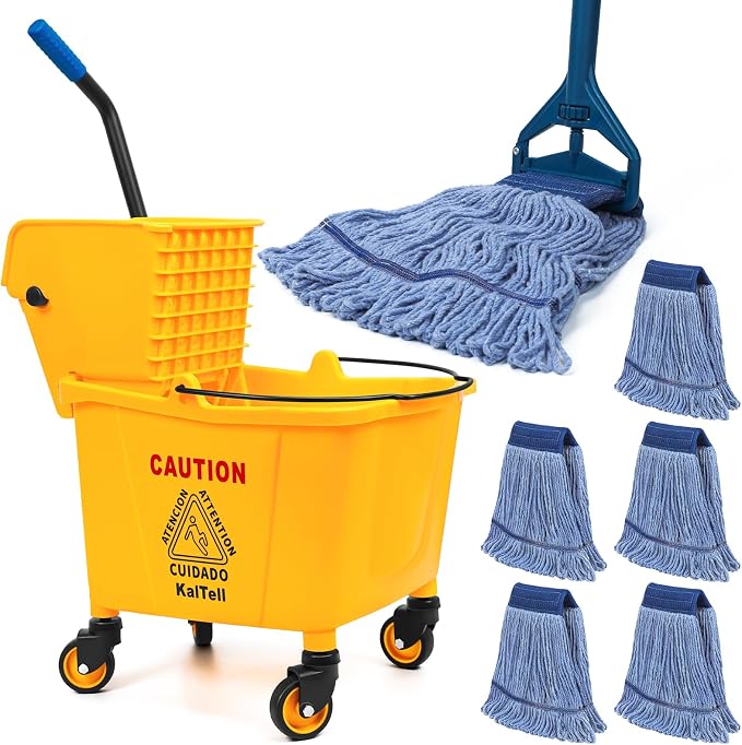 35 Qt Commercial Mop Bucket with Side Press Wringer on Wheels, Industrial Mop and Bucket Set with 6 Heavy Duty Mop Heads, Rectangular Janitorial Supplies for Restaurant, Hotel, School, Office & Home
