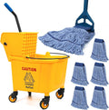 35 Qt Commercial Mop Bucket with Side Press Wringer on Wheels, Industrial Mop and Bucket Set with 6 Heavy Duty Mop Heads, Rectangular Janitorial Supplies for Restaurant, Hotel, School, Office & Home