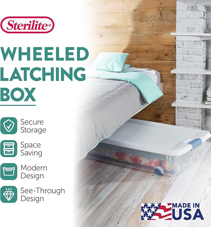 Sterilite 8-Pack Wheeled Latching Box, Plastic Under Bed Storage Bins with Lids, 56 Quart - Large Clear Stackable Tote Organizer Containers for Closet, Bedroom, Bathroom, and Office Organization