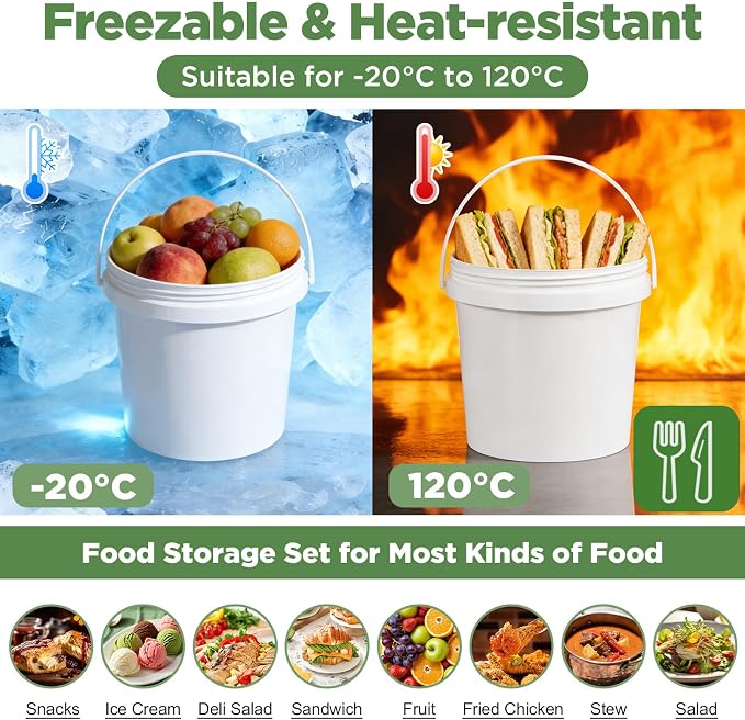 4 Pack 64oz Plastic Buckets with Screw Lids & Handle, Food Grade Storage Containers for Kitchen, Freezer - Reusable White Plastic Bucket Set