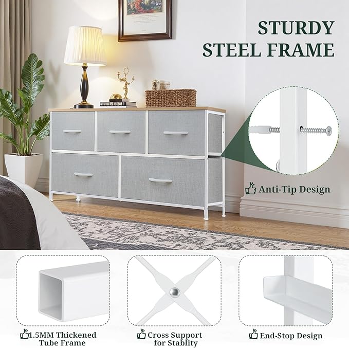 5-Drawer Dresser for Bedroom, Anti-Tip Wide Storage Organizer Fabric Chest of Drawers TV Stand for 45" TV with Wooden Top and Metal Frame for Closet, Living Room, Hallway, Entryway, Light Gray
