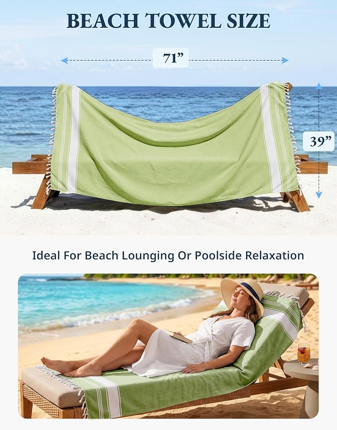 LANE LINEN Turkish Beach Towel 2 Pack, Super Absorbent, Durable - Jade Lime | Oversized Beach Towel 39"x71" - Lightweight Beach Essentials for Women - Large Pool Towel, Absorbent & Quick Dry, Great Gift