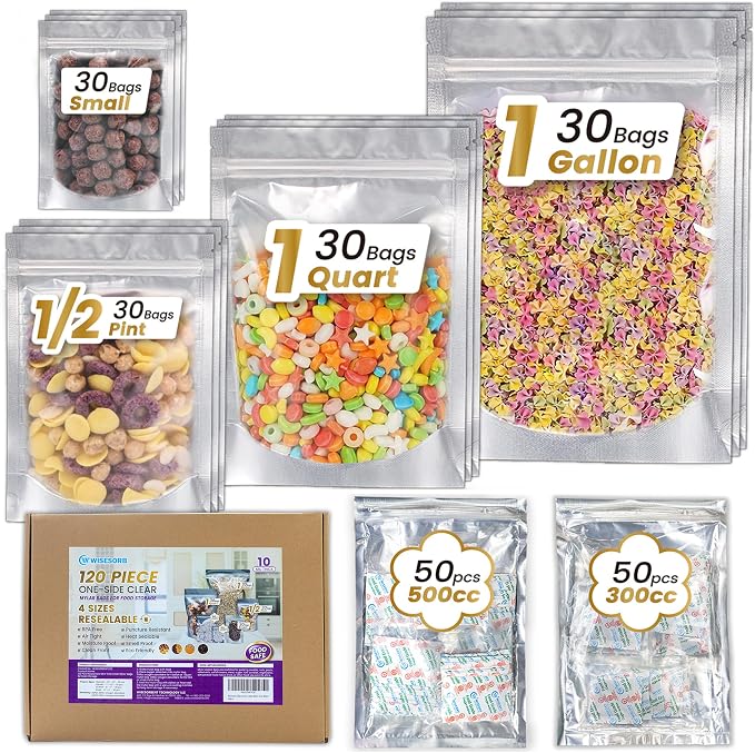 Wisesorb 120pcs Mylar Bags for Food Storage with Oxygen Absorbers 300cc 500cc (50 Packs Each), Resealable Pouches 4 Sizes Mix Bundle 30 Each (10x14, 7x10, 5x7, 4x6 Inches), Stand Up with Clear Window
