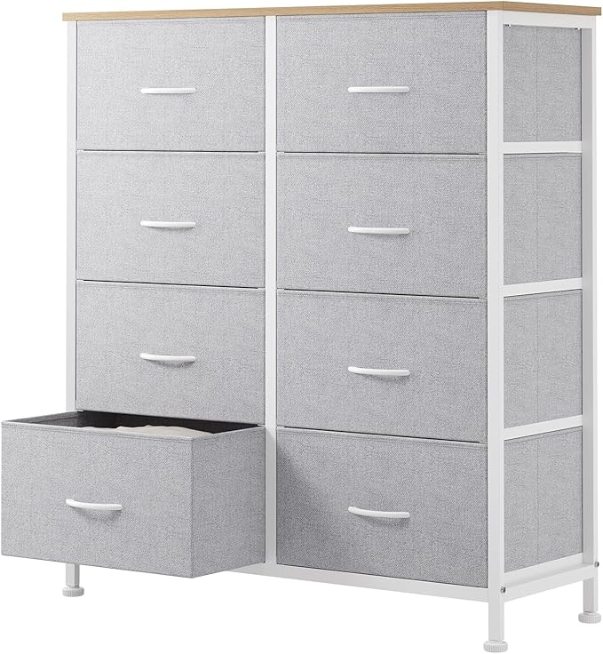 Sweetcrispy 8 Drawer Fabric Dresser for Bedroom, Tall Dresser, Light Grey | Chest of Drawers with Sturdy Steel Frame and Wooden Top, Closet Living Room Storage Organizer with Easy Pull Handles