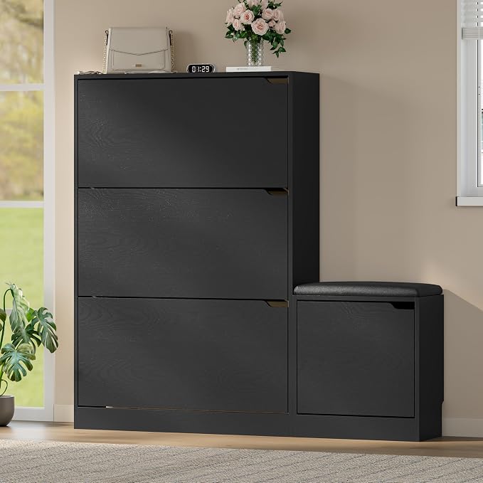 BORNOON Shoe Cabinet with Bench and 3 Flip Drawers, Slim Narrow Shoe Storage Cabinet, Freestanding Shoe Rack Organizer with Adjustable & Removable Shelves, Anti-Tip for Entryway, Hallway, Foyer