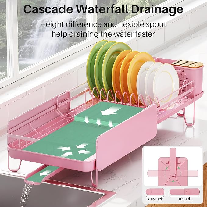 SNTD Dish Drying Rack - Large Dish Racks for Kitchen Counter, Expandable Dish Drainers with Cutlery Holder Stainless Steel Rustproof (Pink)