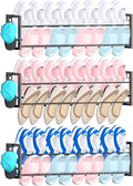 3 Pack Wall Mounted Shoe Rack for Narrow Spaces, Hanging Shoe Rack Holds 24 Pairs, 17"-30"Adjustable Heavy Duty Wall Shoe Storage with 6 Storage Hooks, Space Saving for Closet Entryway Door, Black