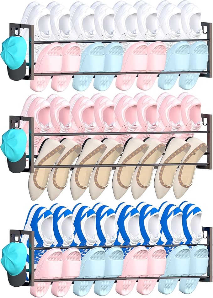 3 Pack Wall Mounted Shoe Rack for Narrow Spaces, Hanging Shoe Rack Holds 24 Pairs, 17"-30"Adjustable Heavy Duty Wall Shoe Storage with 6 Storage Hooks, Space Saving for Closet Entryway Door, Black