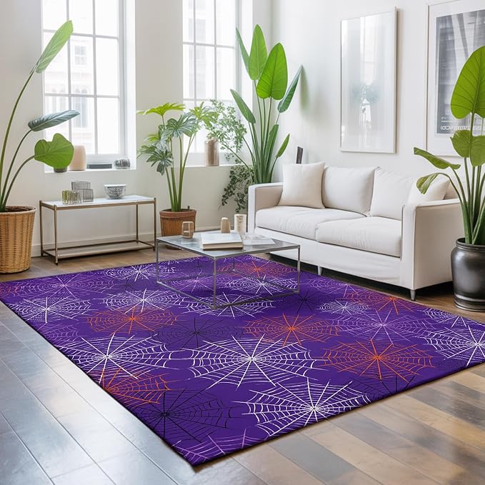Large Area Rug 5'x7', Purple Halloween Washable Rectangular Area Rugs for Living Room Bedroom Office, Red Black White Net Halloween Non Slip Kitchen Rug Mats Indoor Floor Accent Throw Carpet