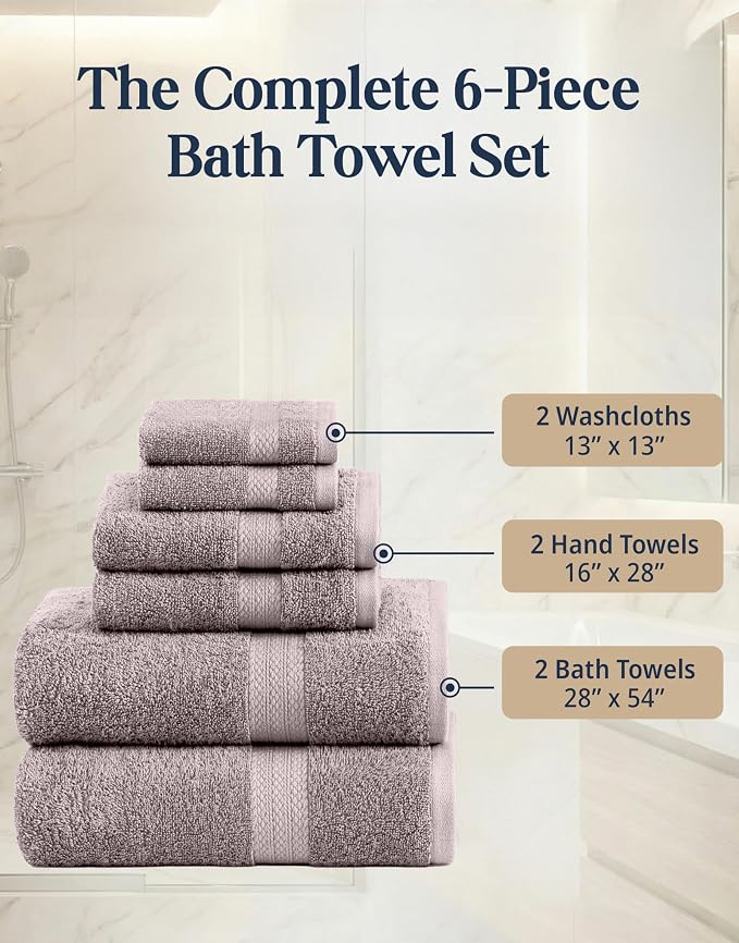 LANE LINEN Towel Set Quick Dry 100% Cotton 6 Piece Soft - Platinum | Cotton Bath Towel Set - Ring-Spun Durability, Ring-Spun Cotton, Terry Weave Comfort, Long-Lasting Comfort, Hotel-Style Look