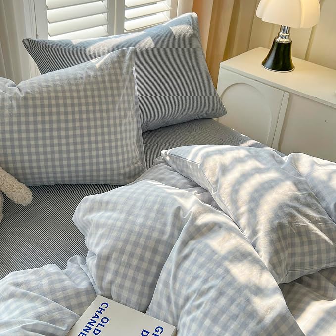 mixinni Light Blue Gingham Duvet Cover Set Twin Size - 100% Washed Cotton 3 Piece Plaid Checkered Bedding Set, Soft Comfy Grid Farmhouse Comforter Cover with Zipper Closure & Corner Ties