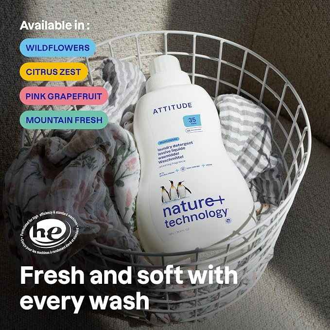 ATTITUDE Liquid Laundry Detergent, EWG Verified, HE Compatible, Plant-Based & Vegan, Natural Laundry Soap, Citrus Zest Scent, 35 Loads, 35.5 Fl Oz