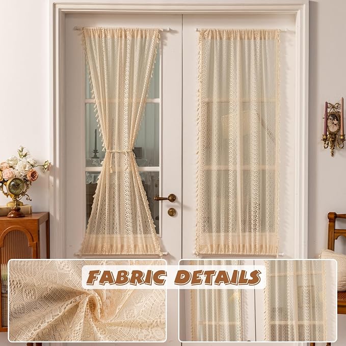 Sutuo Home French Door Curtains for Front Glass Door & Sidelights, Cottagecore Semi Sheer Farmhouse Rustic Tassels Vintage Chic Privacy Bohemian Decor, Rod Pocket 2 Panels 25" W x 72" L Beige