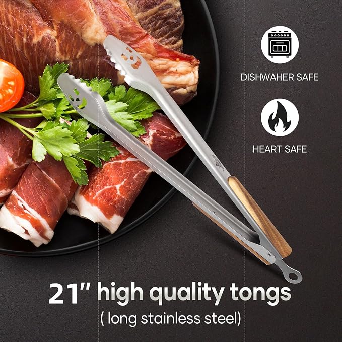 XUDAKAIXIN 21-Inch Extra Long Stainless Steel BBQ Tongs with Extended Luxurious Acacia Handle – Durable and Easy-to-Clean Grilling Tool for Cooking, Kitchen Use, and Outdoor Barbecues