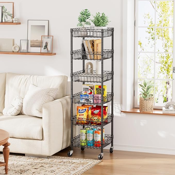 Golpart 6 Shelves Storage Shelf Wire Closet Bathroom Organizers Metal Pantry Kitchen Garage Shelving Unit Laundry Room Organization Home Rack Net Basket Black with Wheels 14" Dx14 Wx64.8 H