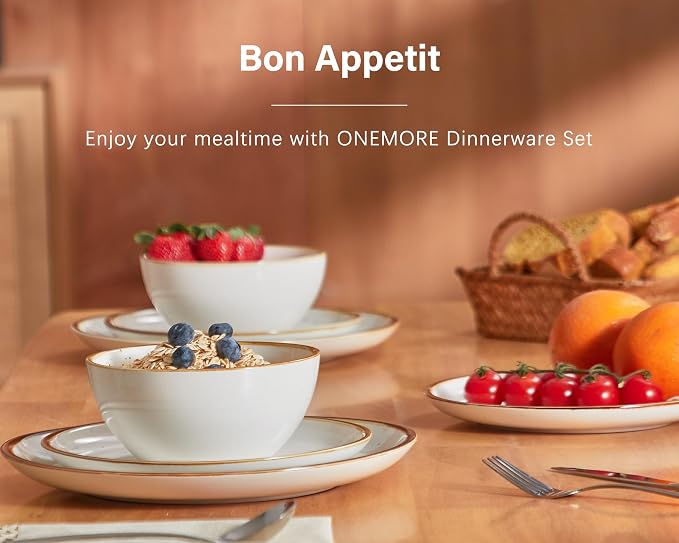 ONEMORE Plates and Bowls Set, Dinnerware Sets for 4, Porcelain Kitchen Dishes Set 12pcs, Scratch Resistant, Modern Aesthetic Dishware Sets- Microwave & Dishwasher Oven Safe,Farmhouse Style Cream White