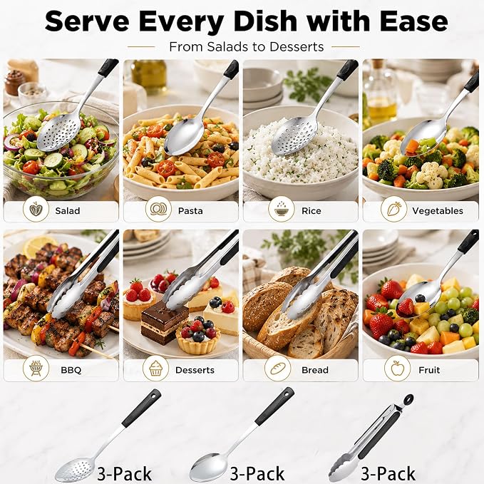 Buffet Serving Utensils Set, 9-Piece with Serving Spoons & Tongs | 3 serving spoons, 3 slotted spoons, and 3 tongs with heat-resistant silicone handles for buffet serving and entertaining.