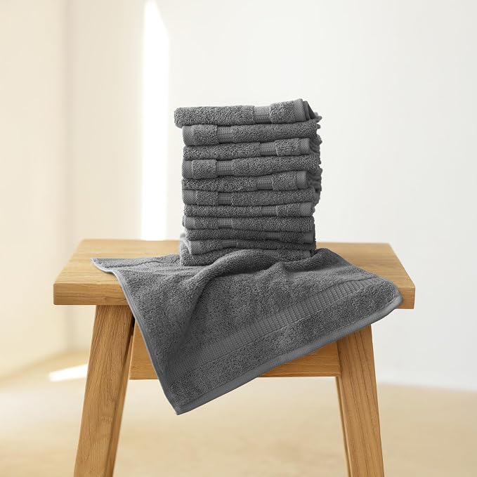 SALBAKOS 12-Piece 100% Turkish Cotton Washcloths and Face Towels, Gray | 13x13 in Standard Size Small Towel, Multi-use Bathroom & Kitchen, Thick Super Soft Absorbent Durable, Oeko-Tex Made in Turkey