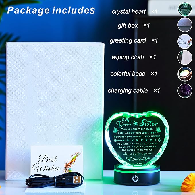 Sister Gifts Crystal Keepsake with LED Base, Laser Engraved Sister Gift from Sister, Soul Sister Presents for Women, Unique Big Sister Birthday Gifts for Girls, Best Sister Ever Gifts