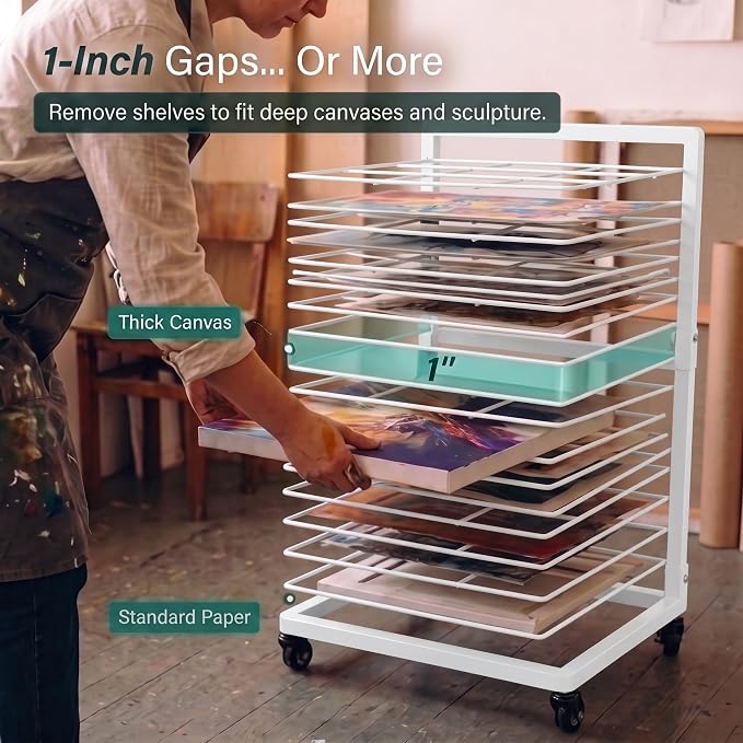 OFFICEROO White Art Drying Rack for Classroom & Preschool – 18-Shelf Mobile Paint Drying Rack, Canvas & Paper Drying Rack for Art Storage