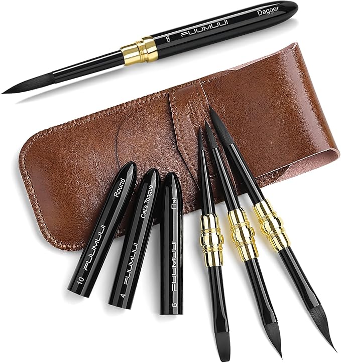 Fuumuui Travel Watercolor Brushes - 3pcs Dual-Tip with 6 Versatile Tip Styles - Premium Synthetic Squirrel Hair Travel Paint Brush Set for Plein Air Painting - Watercolor Acrylic Gouache Ink