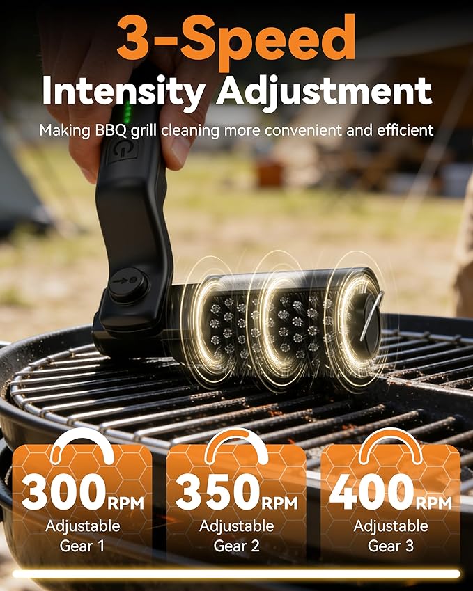 Electric Grill Brush, 3-Speed Cordless BBQ Cleaner, 20kg Max Torque, Adjustable Rotary Head, Reinforced Steel Bristles for Stubborn Grease, for Gas Charcoal Smoker Grates (2 Replacement Head)