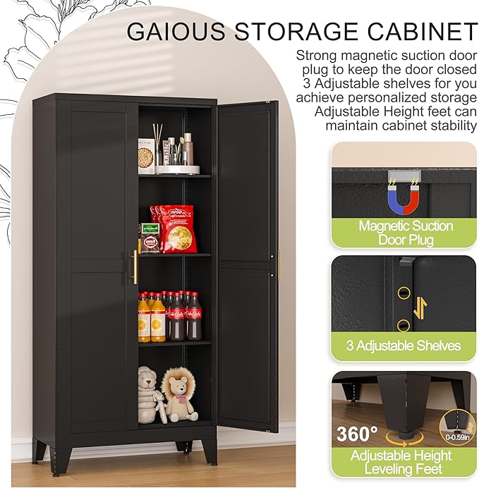 GAIOUS Metal Storage Cabinet With 2 Doors and 3 Adjustable Shelves, Black Kitchen Pantry for Food, Utility Cabinet for Laundry Room, Cupboard