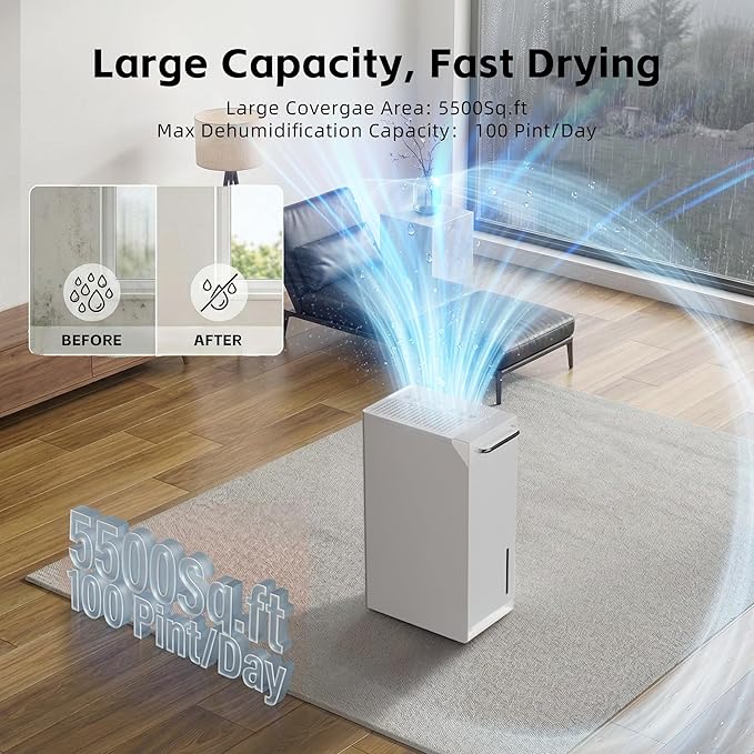 Uthfy 5500 Sq.Ft Dehumidifiers for Home and Basement, Max 100 Pint/Day Dehumidifier with Drain Hose, 24 H Timer & Child Lock, LED Panel, Ultra Quiet, whole house dehumidifiers for home, Bedroom
