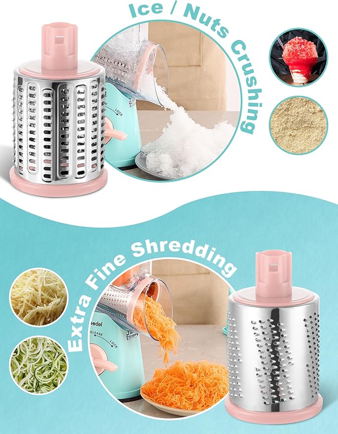 Geedel Rotary Cheese Grater Cheese Shredder - Upgraded 5-in-1 Cheese Grater with Handle and Strong Suction Base, Multi-purpose Vegetable Slicer Ice Shaver Nuts Grinder for Cheese, Vegetables, Ice